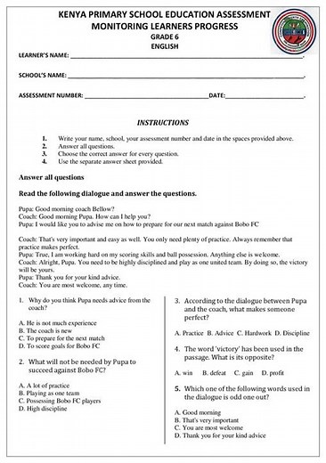 Grade 6 English Term 1 2026 Opener Exam with Marking Scheme