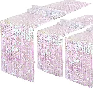 Candy Party Sequin Table Runner: 3 Pieces 12x84 Inches White Iridescent Sparkly Sequin Table Runners