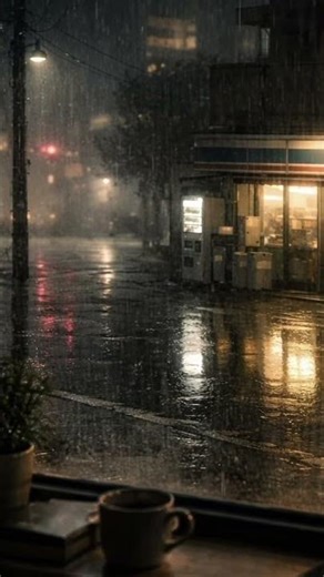 Rain on Window 🌧️ Late Night Store Lights