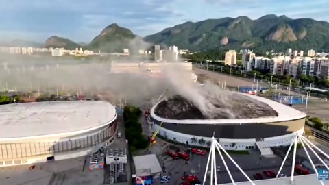 Drone shows firefighters battling blaze at Rio's Olympic velodrome