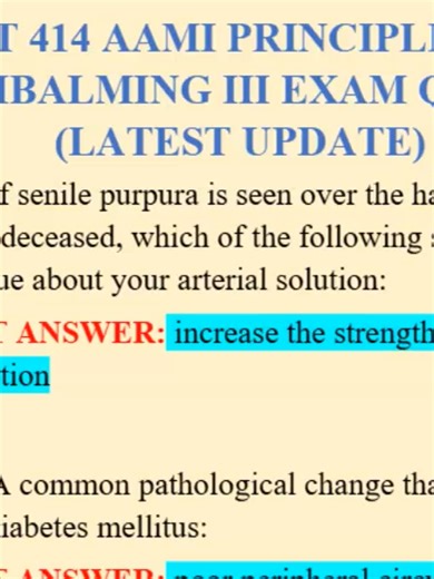 PHT 414 AAMI Principles of Embalming III Exam Q&As 2026 Latest Update | Verified Answers & Study Guide 🎓⚰️🔥 Are you preparing for the PHT 414 AAMI Principles of Embalming III exam in 2026? This updated video covers the latest exam-focused questions and answers designed to help you review smarter, faster, and with confidence. 💯📚 If you’re studying mortuary science, funeral service education, or embalming theory, this breakdown is tailored specifically for students who want clear explanations,