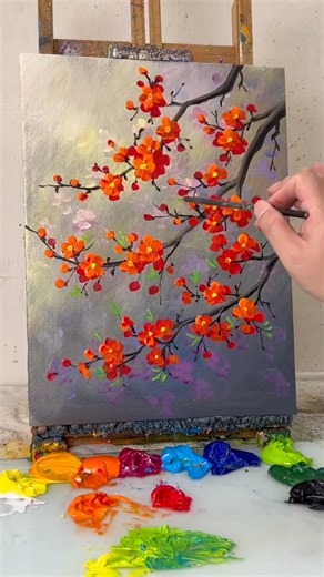 Easy Red Flower Painting 🌺 | Acrylic Blossom Tutorial #shorts