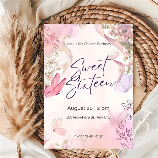 Butterflies and Ribbon Sweet Sixteen Invitation | Pink Floral Canva Template, Editable Digital Party Invite - Etsy UK