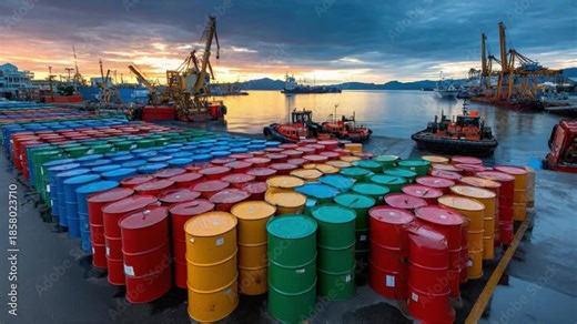Industrial Barrels at the Dock: A vibrant array of industrial barrels in varying colors lines the waterfront dock. A testament to industry and infrastructure.