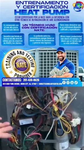🔥👨‍🔧 GRADUADOS HVAC: ES MOMENTO DE SUBIR DE NIVEL 👨‍🔧🔥 Si ya te graduaste en Refrigeración / HVAC en Sunset Technology Center, esta especialización es para ti ⬇️ 🌡️🔌 Especialización en HEAT PUMP Certificación NATE 📅 Sábado 31 de enero 🕘 9:00 AM – 2:00 PM 💡 ¿Por qué NATE importa? ✔ Reconocimiento a nivel nacional (EE. UU.) ✔ Mejores oportunidades laborales ✔ Mayor credibilidad profesional ✔ Más confianza frente a clientes y empleadores ✔ Ideal para técnicos con experiencia, futuros con
