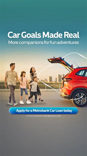 Getting your own car means finally going places and saying yes to more—more friends, more drives, more memories. Apply for a Metrobank Car Loan today and take advantage of our Goals Made Real promo: 🚗 Rates as low as 8.23% p.a. 🚗 Up to PHP 60,000 waived fees 🚗 Free AXA Philippines car insurance for the first year Start your application on our website or at your nearest Metrobank branch. Promo runs until May 29, 2026. Terms and Conditions apply. To learn more, visit: https://www.metrobank.com.
