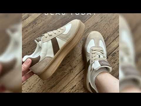 A must-have product! BEAUTODAY Sneakers Women Suede Leather Sports Flats Mixed-colors Lace-up Roun
