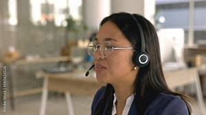 Call center, woman and typing on computer for customer service, crm consultant and communication. Female agent talking at desktop for telemarketing contact, lead generation or telecom sales questions