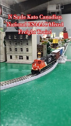 N Scale Kato Canadian National ES44AC Mixed Freight Train Rolls Through Village Crossing!