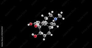 Morphine molecule, rotating 3D model of strong opiate, looped video on a black background
