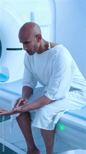 Vertical video: Sitting man in hospital gown rubbing palms and touching jaw near MRI before scan