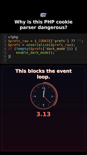 Zero sleep, full PHP on Instagram: "Why is this PHP cookie parser dangerous? Why is this PHP cookie parser dangerous in production. The PHP code unserializes a cookie value, which allows object injection. In PHP apps this opens a path to remote code execution. #whatswrongwiththisphpcode #phpbug #phpproductionbug #phpdebugging #phpbackend #phpcodereview #phpsecurity #phpperformance #phpreliability #phpapi #phpwebdevelopment #phpengineering #phpunserialize #phpobjectinjection #phpcookie #phprce"
