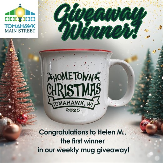 Our Tomahawk Main Street Inc. 2025 mugs are for sale, and Helen was our first winner! Every mug purchased gets you one entry into our weekly giveaway, and all proceeds raised are put right back into beautification in our downtown. Win win, literally! Pick yours up today at Honeycomb LOFT, What's Brewin', @northwoodscafe_andcoffeehouse, and Sideways Wine & Craft Beer. They are also available online (https://www.tomahawkmainstreet.org/online-store), and we can even ship them to (or for!) you! | To