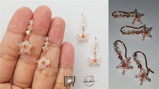 Flower earrings with sparkling crystals - How to make jewelry from copper wire 443