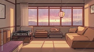 animated virtual backgrounds, stream overlay loop wallpaper, cozy lo-fi anime living room, vtuber asset twitch zoom OBS screen, manga chill hip hop 2D anime style animation 4K video