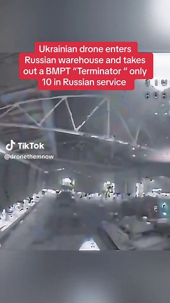 Ukrainian Drone Targets Russian BMPT Terminator in Warehouse