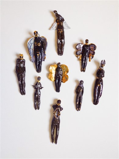 Black Clay Little Lady Ceramic Figures With Gold Details - Etsy