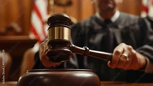 Judge striking gavel in a courtroom signifying judicial decision and legal authority, 4k footage