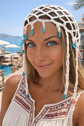 White Crochet Skull Cap With Colorful Seashell Beads – Boho Beach Summer Hair Accessory - Etsy