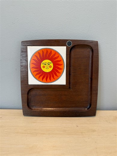 Vintage Mid Century Modern Cheese Board| Walnut and Ceramic Serving Tray | 1970s Groovy Sun| Retro Bar | Cocktail Hour | Catch All - Etsy
