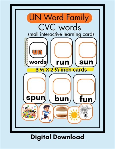 UN Word Family CVC Flashcards | Short U Phonics | Printable Literacy Center | Preschool Kindergarten Reading - Etsy