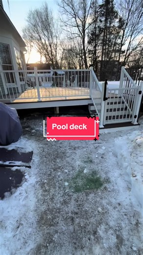This pool deck is done and ready for summer. Let’s go Mother Nature! @Timber Tech 🌲 mahogany decking and white aluminum rails.
