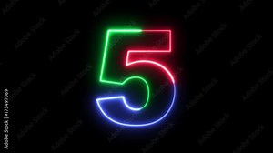 Number 5 - RGB laser outline in three colors looping on black background in 4k