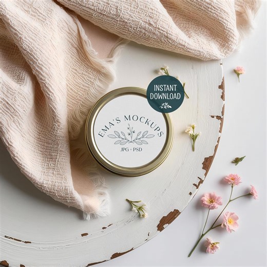 White Round Sticker Mockup, Gold Metal Tin, Distressed White Wood, Product Label Display 208 - Etsy