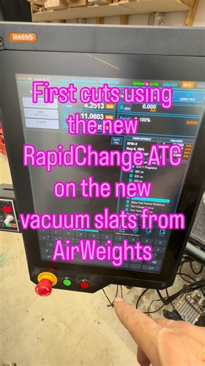 Maria & Brian on Instagram: "First Cut After the Upgrade 🧰 We finally ran the first test cut after installing the RapidChange automatic tool changer and the new AirWeights slat system on the QCW. No drama, no alarms, just tools swapping like they know what they’re doing and a vacuum hold that actually holds. It’s always a little nerve wracking hitting start after a big upgrade, but this one felt good. Everything worked, nothing caught fire, and we’re officially back to making chips instead of i