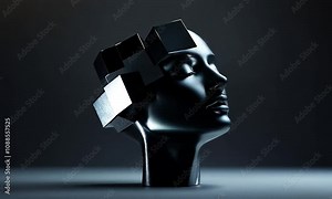 Black and white sculpture of a human head with geometric shapes.