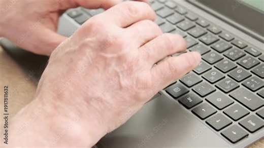 close-up mature male hands typing text on laptop keyboard, senior wellbeing, highlighting increasing digital literacy and empowerment of older adults, Typing Skills, Remote Work