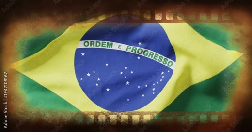 On playback start Brazil flag rippling in film border, creases moving as light shifting for looping
