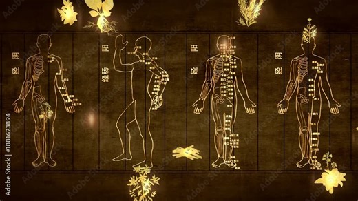 Human acupuncture points images, meridian unblocking, acupuncture, traditional Chinese medicine, restoring the energy of the human body's internal organs, 3D animation.