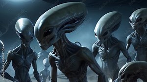 aliens with elongated heads and dark sleek bodies standing against comic background with a dark, eerie environment scene from an alien invasion or a science fiction thriller