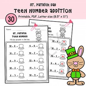 St. Patrick day teen number worksheet | addition to 20 | place value | 60 pages
