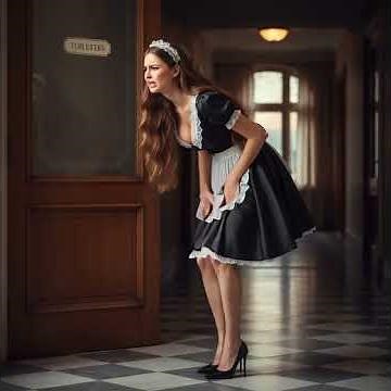 French maid terribly desperate to pee, cries out frantically, as she wets herself