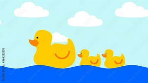 duck animation. Mother duck is swimming with her chicks. cartoon duck. 4k video looping animation.