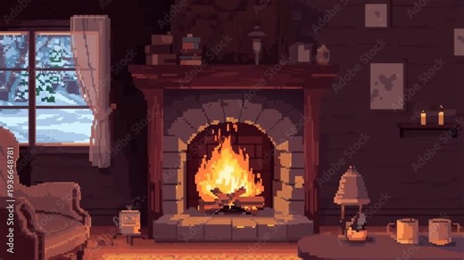 Animation starting, stone fireplace burning logs flickering and casting warm glow across cabin