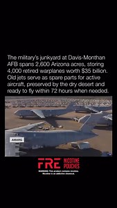 Davis-Monthan Air Force Base in Arizona spans 2,600 acres and holds 4,000 retired warplanes worth $35 billion. The dry climate preserves these jets, which provide parts for active aircraft and can be reactivated within 72 hours to deliver instant airpower when required. | Historyinmemes