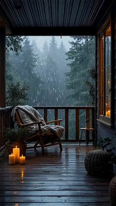 9.6K views · 2.8K reactions | Rain-lit porch or candleglow charm? ️️ ⠀ ⠀ Roof-drips patter on tin while evergreens fade into misty blue. Waxen flames tremble across wet boards, inviting a slow evening exhale. Let the calm linger below — which detail grounds you first? ⠀ ⠀ #ambiancehometv #cozyvibes #rainporch #stormysounds #candlelight #rainambience #slowliving #relaxingvideo #ambientvibes #hyggehome #quietmoments | Ambiance Home Tv | Facebook