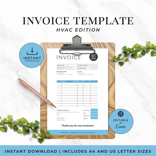HVAC Invoice Template Canva Editable, Contractor Service Invoice, HVAC Service Form, Small Business Invoice Template, Digital Download - Etsy