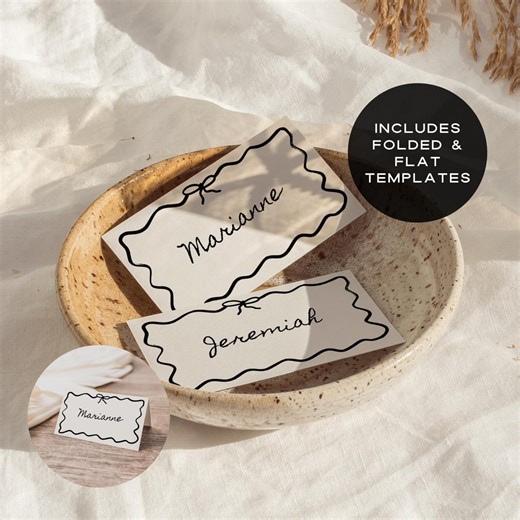 Whimsical Place Card Template, Flat and Foldable Table Name Card Printable, Editable Wedding Guest Tag, Dinner Party Seating Card Canva DIY