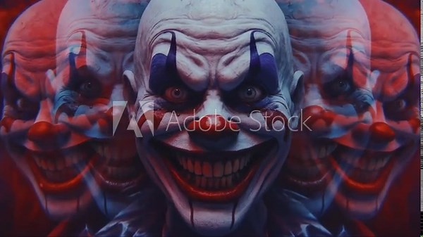 Scary clown face zooming in with a maniacal scream and ghosting trails. Terrifying horror character with evil makeup for Halloween concept