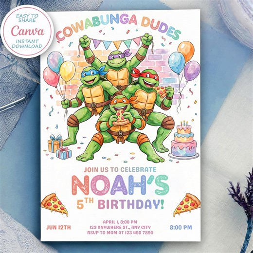 Ninja Turtle Birthday Invitation, Kids Party, Canva Template (digital Download) - Etsy