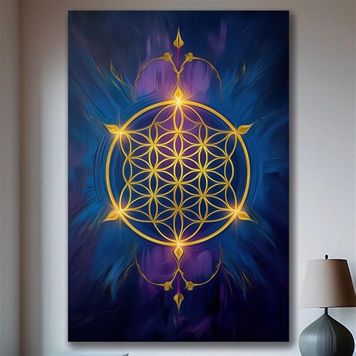 Flower of Life Wall Art, Sacred Geometry Canvas Print, Spiritual Energy Artwork, Gold Mandala Decor, Meditation Yoga Art - Etsy