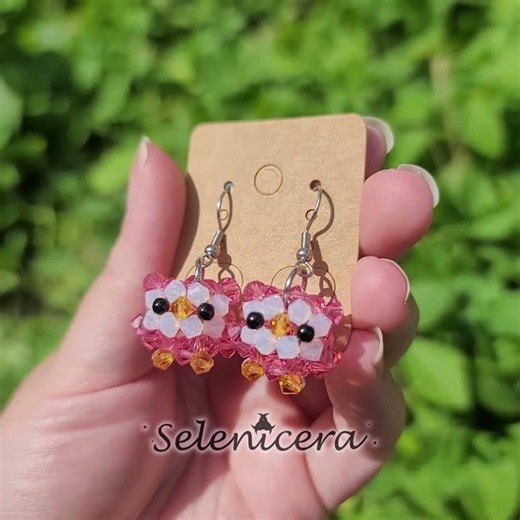 Handmade pink crystal owlet earrings #art #earrings #beading #beadwork