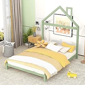 Full Bed Frame with Headboard and Slats, Full Size Platform Bed with House Shaped Headboard, Full Size Bed for Kids, Boys, Girls, Green