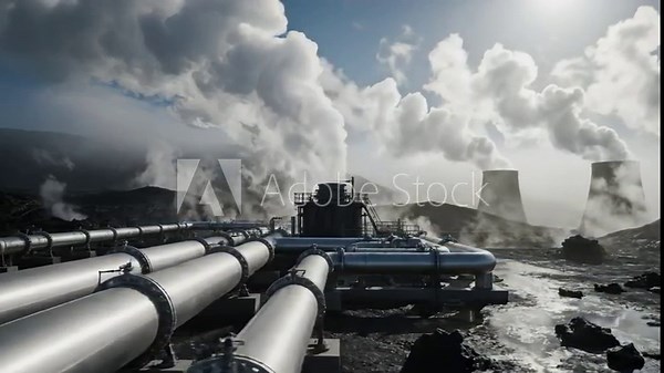 Geothermal Power Plant With Steam Coming From Cooling Towers