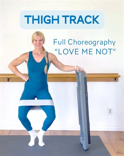 Mica O'Dell - Fitness Educator on Instagram: "Your thighs will definitely be feeling the love with this track. All you need is something for balance. A barre, chair, benchtop, or bar will work. Loop band is optional. Notes are on the last slide. This one is from our Tracks Release 58. We broke out the bench for this release but it is not required. All our bench tracks have non bench options and we even created two full classes for this one. Want to do it all with me continuously for free? Commen