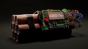 Dynamite bomb with digital timer countdown. Zero at the end. Terrorism.